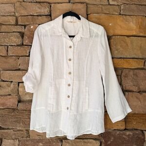 Soft Surroundings Petite M  Island Breeze Linen Wood Button Up Women Tunic Top